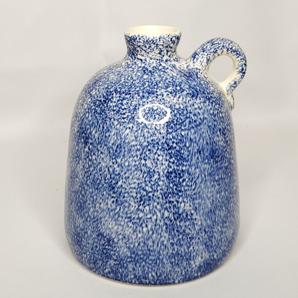 Flat Earth Pottery Sponge Ware Glaze Jug Pitcher Spongeware Blue Signed - Picture 3 of 7